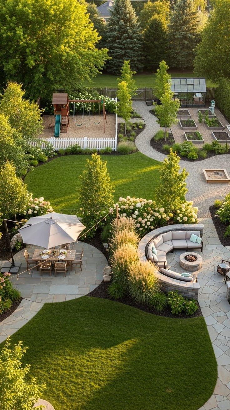 Professional hardscaping with a circular lawn and central fire pit creating a functional outdoor living space in Kernersville, NC.