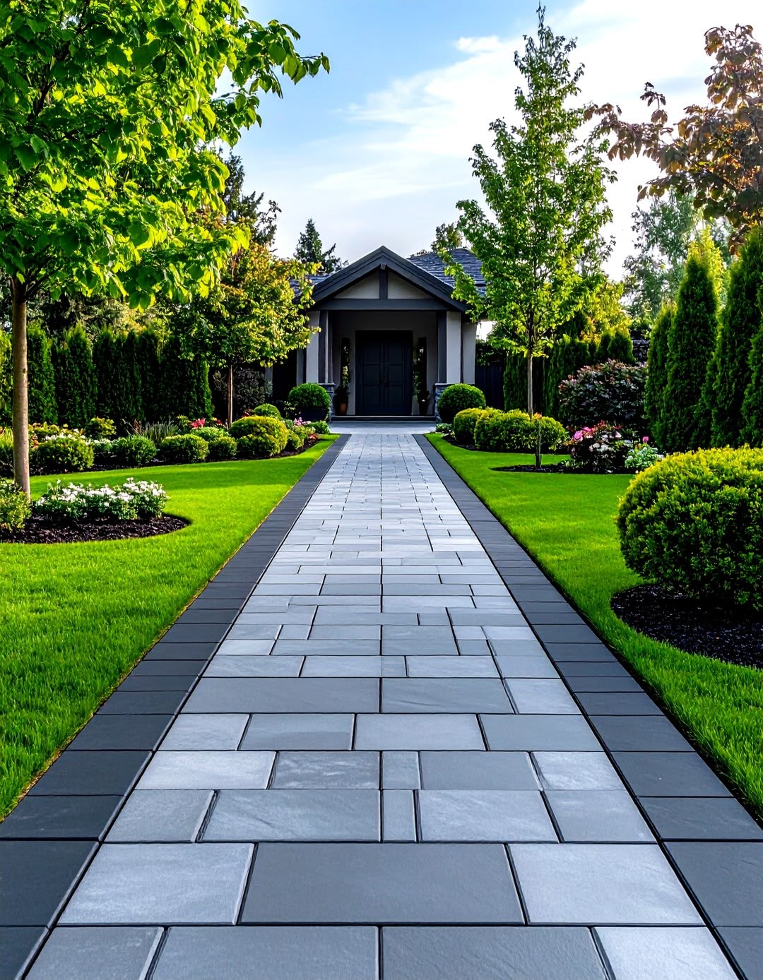 Concrete walkway and paver path bordered by green grass for a residential property in Kernersville, NC