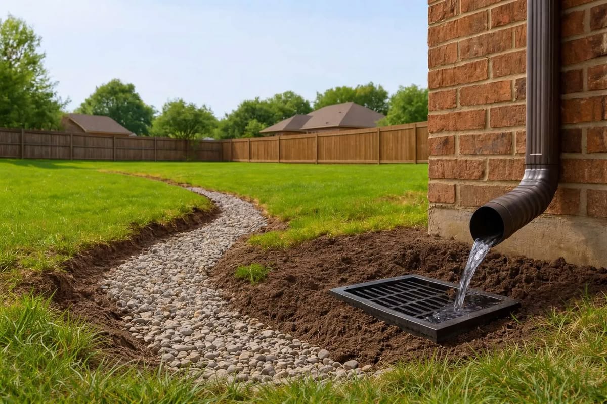 Yard drainage pipe directing water flow across a green lawn in Greensboro, NC