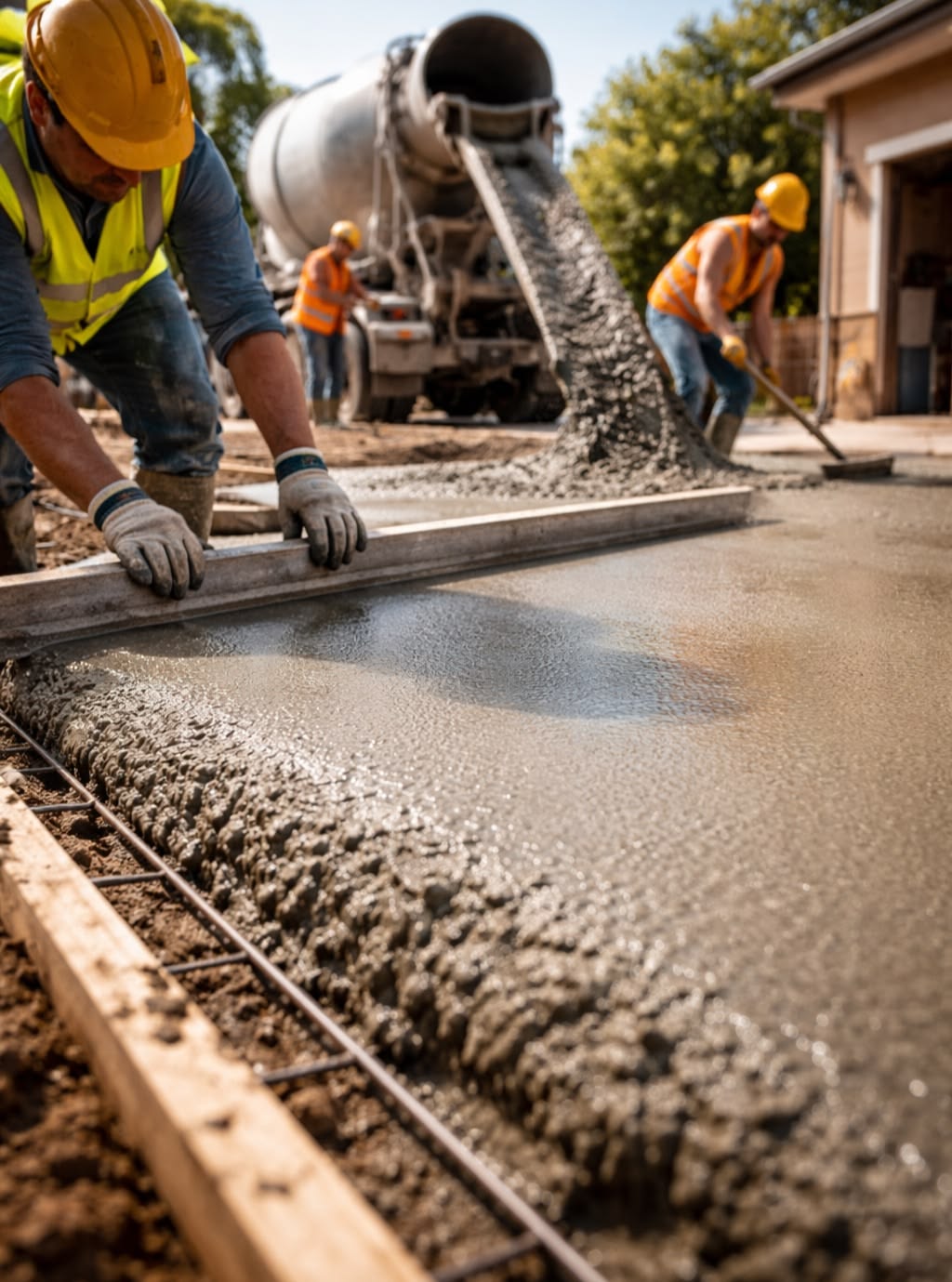 Concrete contractor pouring fresh concrete for a residential driveway in Kernersville, NC