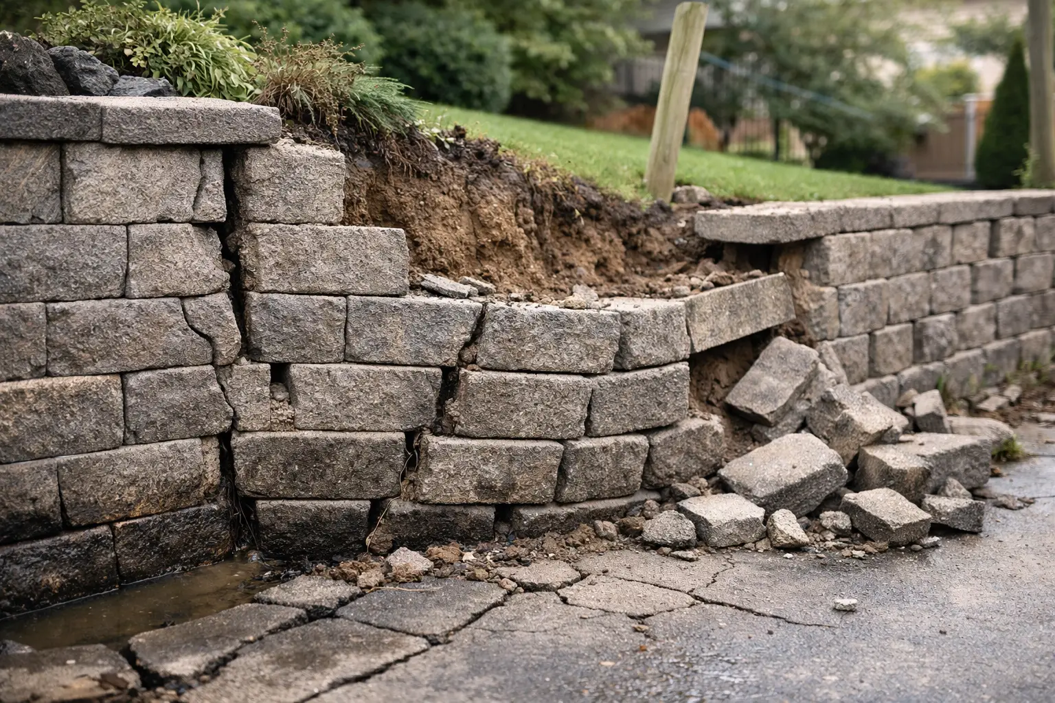 Damaged retaining wall with cracks and debris after a storm