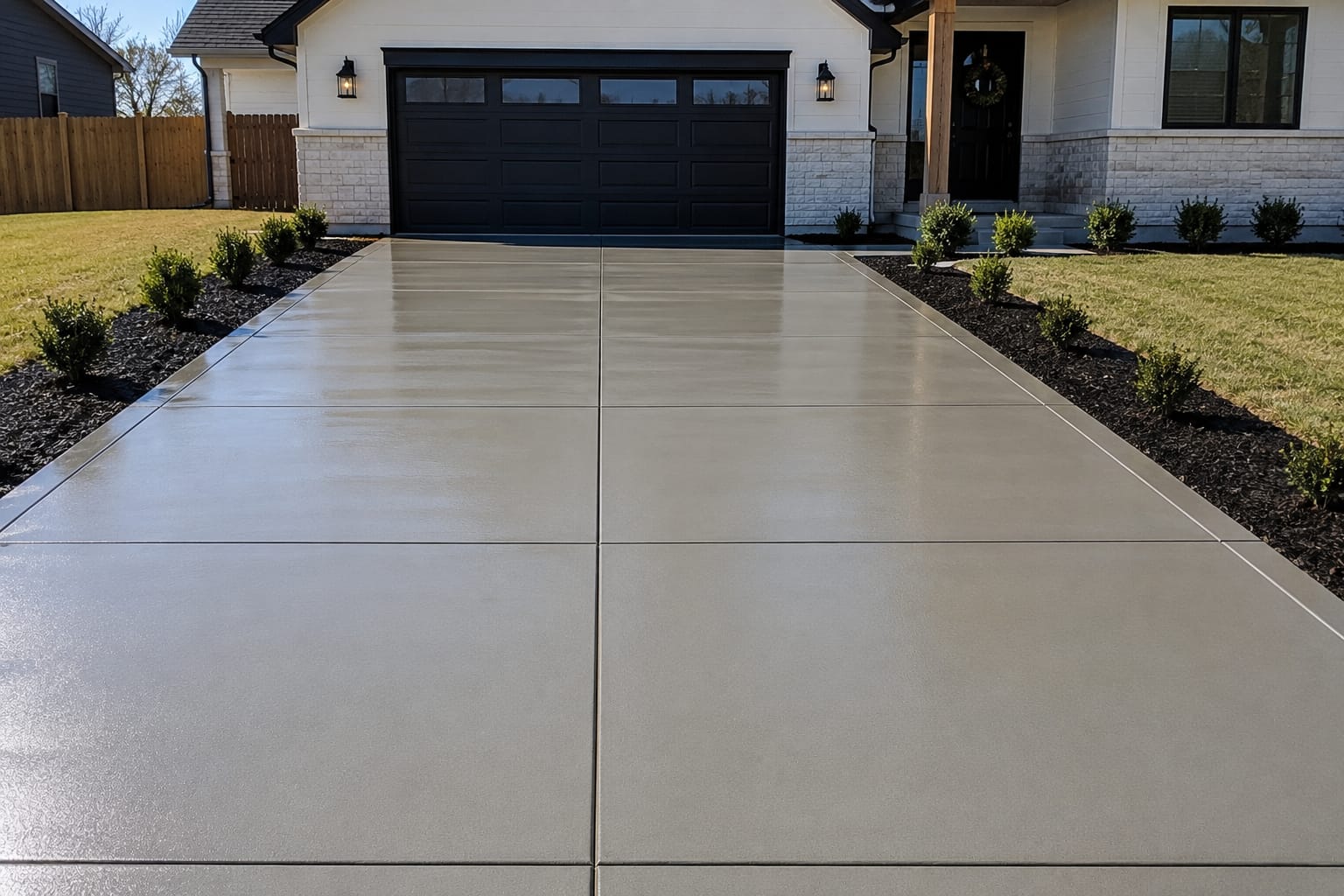 Concrete driveway bordered by green grass and well-maintained landscaping in Greensboro, NC